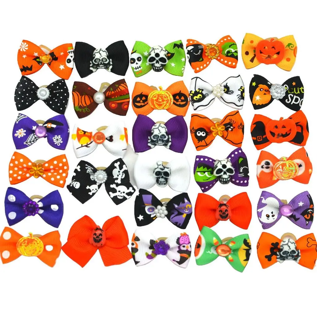 30Pcs Random Color Halloween Pet Hair Bows, Pumpkin Skull Ghost Pattern Dog Hair Bows with Rubber Bands
