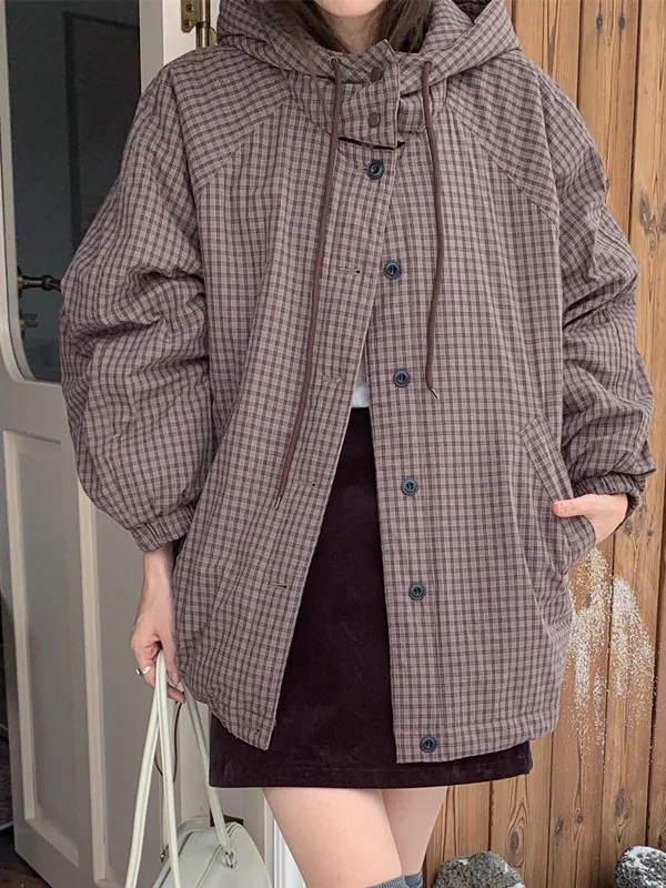 الرجعية كسول اللون بلو منقوشة فضفاضة مقنعين القطن Jaet المرأة الكورية Sle الشتاء زر واحد معطف القطن الدافئ ملابس خارجية