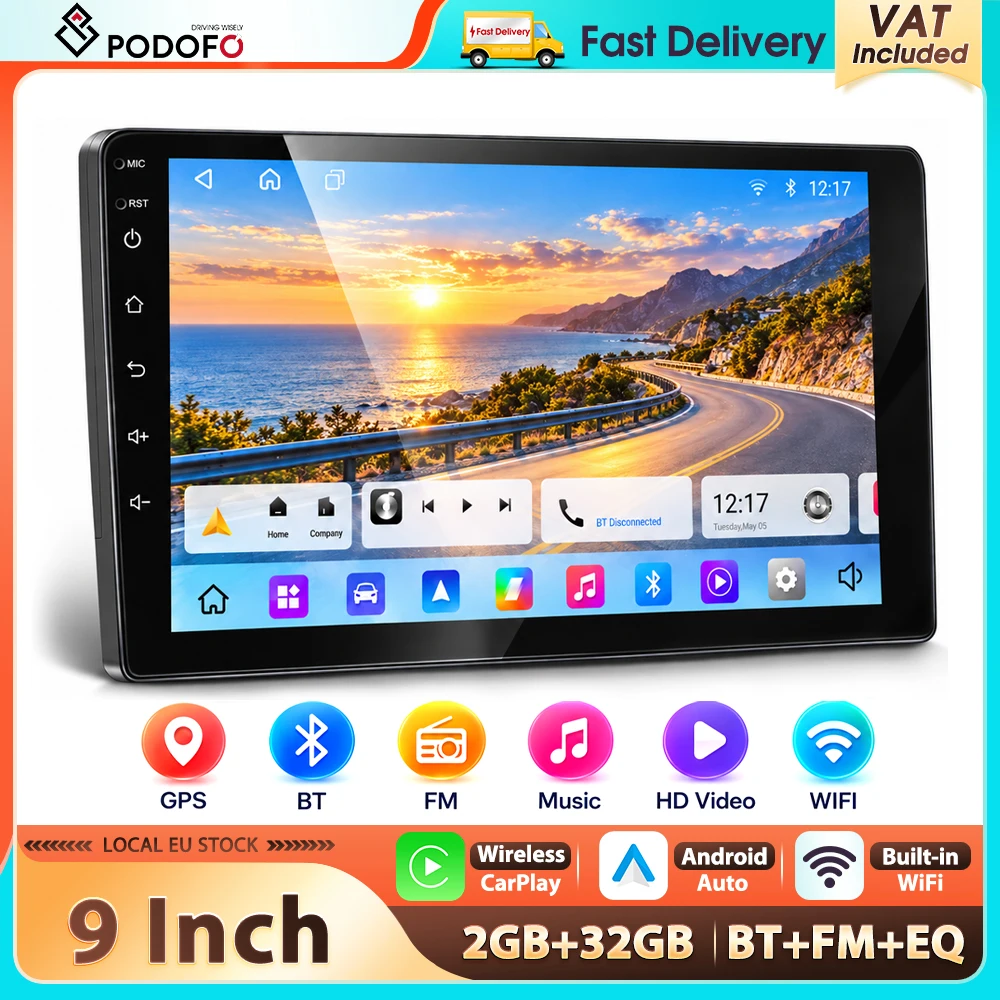 Podofo 9'' 2Din Autoradio 2+32G Multimedia-Player Carplay Android Auto WIFI GPS-Navigation Bluetooth FM EQ Mirror Link 1080P Autostereo