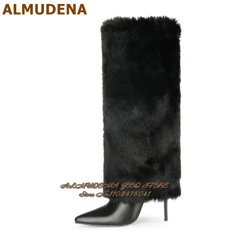 ALMUDENA Pink Sweet Soft Fur Knee High Boots Thin Sky High Heel Pointed Toe Plush Dress Boots Fluffy Luxury Long Dress Shoes