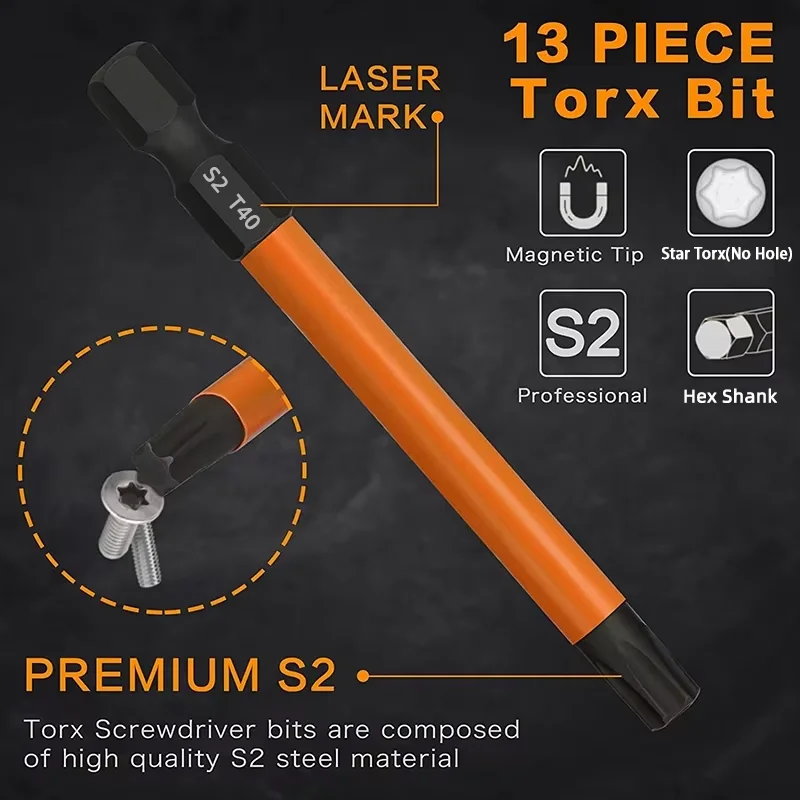 13 pçs 75mm torx bit conjunto T5-T40 resistente à adulteração estrela bits conjunto 1/4 Polegada hex haste s2 aço magnético torx chave de fenda bit
