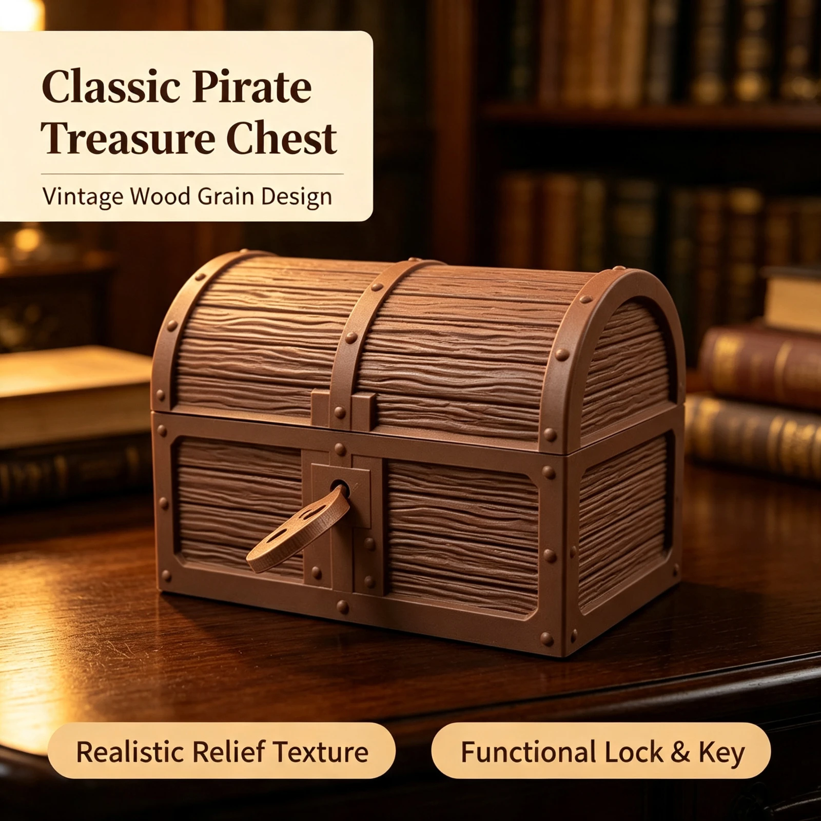 Simulation Wood Treasure Chest Box With Lock Large Plastic, Pirates Jewelry Storage Container Secret Money Safe Kids Gift Toy