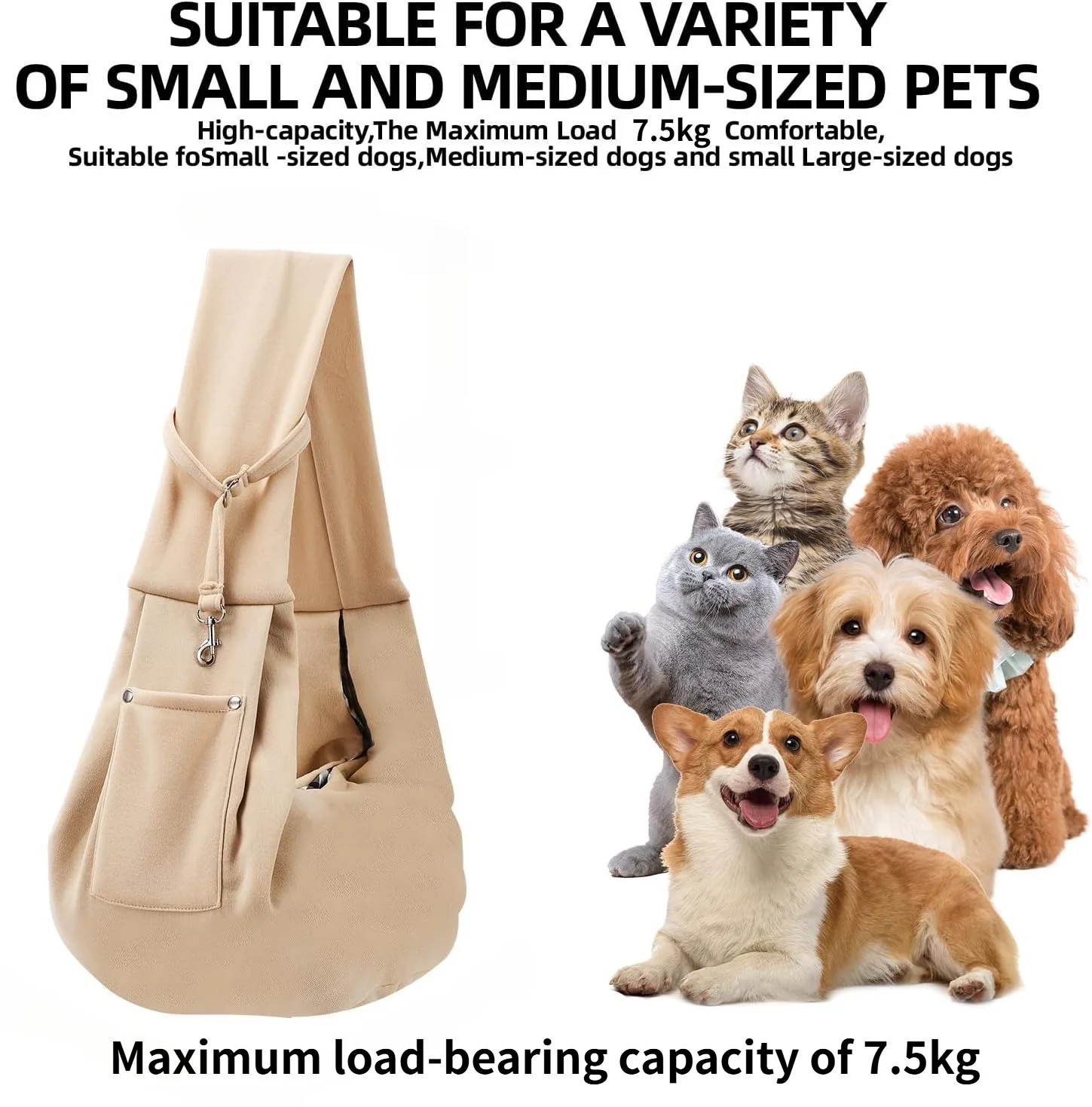 Dog Cat Carrier Sling for Small Pets, Hands Free Reversible Pouch with Safety Buckle, Machine Washable Travel Bag Up to 7.5kg