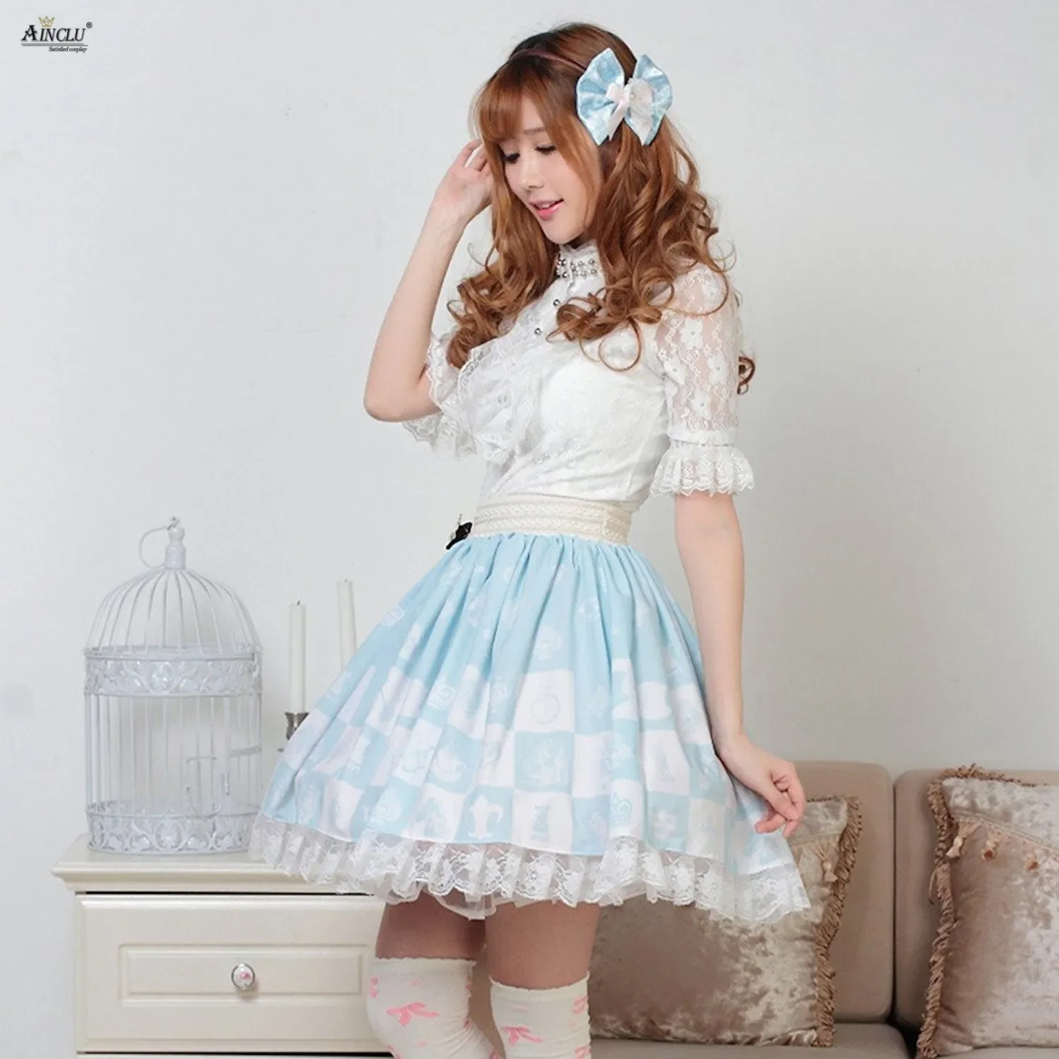 Lolita Fresh Style Skirts Ainclu Womens Blue Polyester Lace Pattern Printed Sweet Natural Party Cosplay Skirts Free Shipping