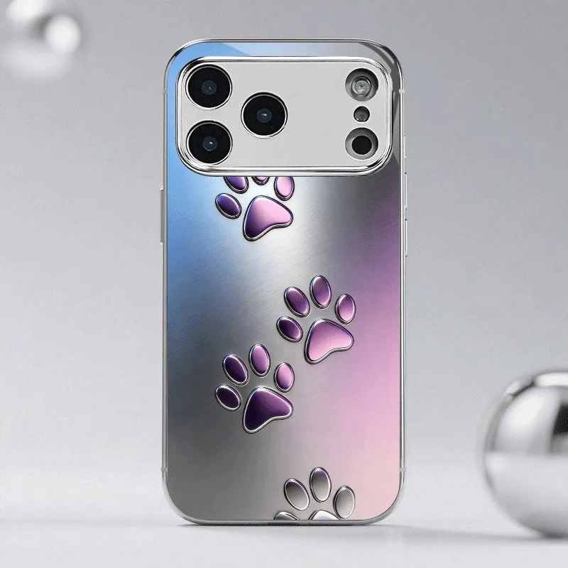 Purple Gradient Paw Pattern Glass Phone Case For iPhone 11 12 13 14 15 16 17 Pro Max 14 Plus 17 Air Electroplate Silver Cover
