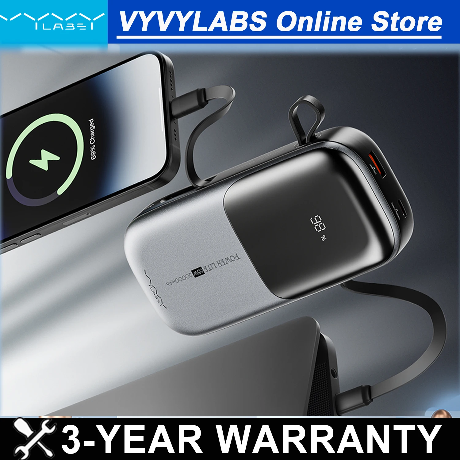 

Vyvylabs 20000mAh Magnetic Power Bank Portable PD 100W Fast Charge External For iPhone/Laptop/Tablet/Power bank ﻿