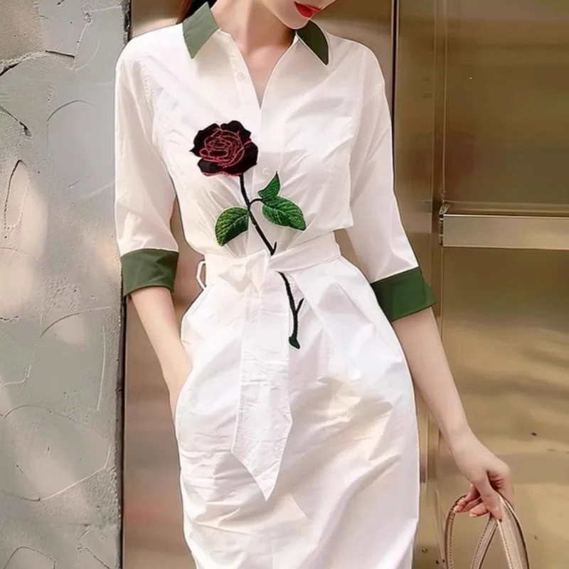 Robe chemise imprimée blanche, été, maturité légère, tempérament français, nouvelle jupe légère de luxe haut de gamme