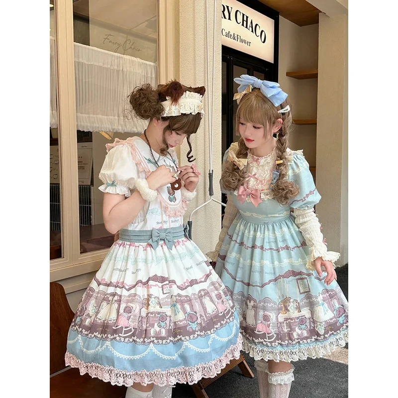 Victorian sweet Lolita JSK dress soft bear cartoon cute print strap dress Japanese summer girl kawaii party suspenders dresses