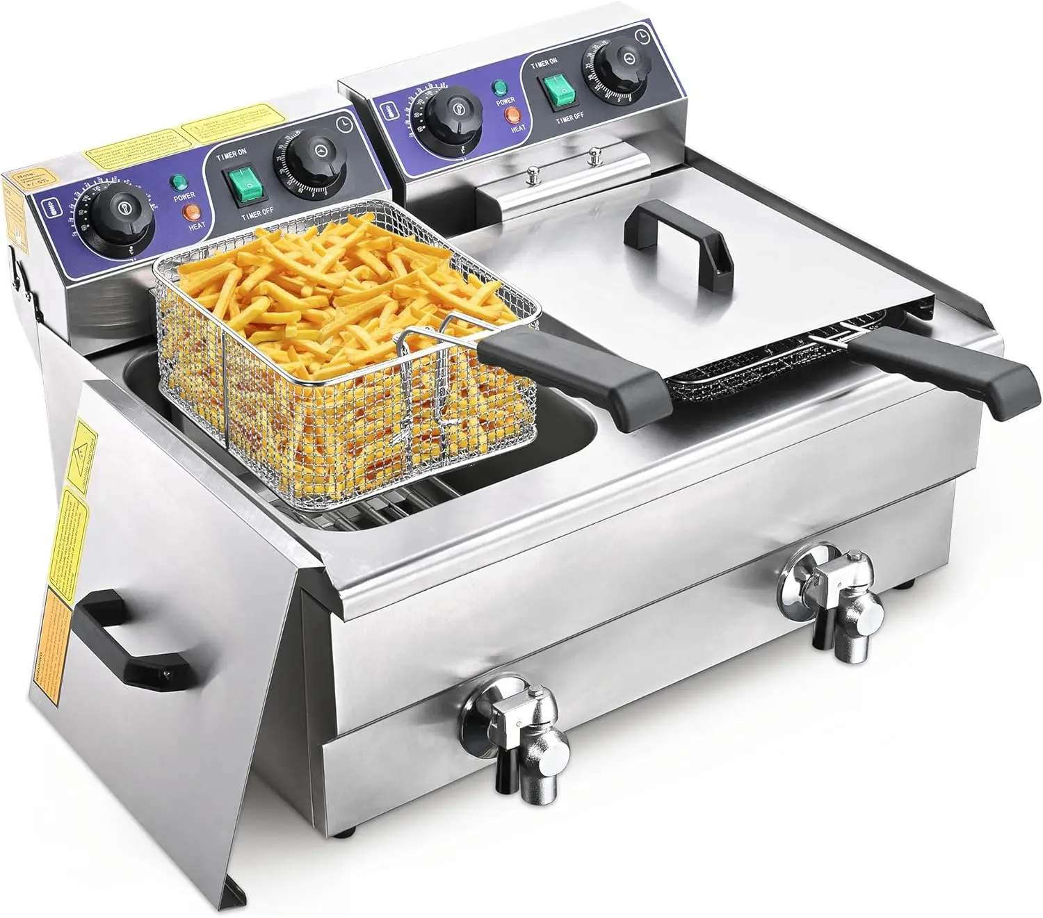 상업용 전기 딥 프라이어, 시간 제어 및 오일 여과 포함, 이중 탈착식 바구니, 스테인리스 스틸 카운터, 23.4L, 3000W