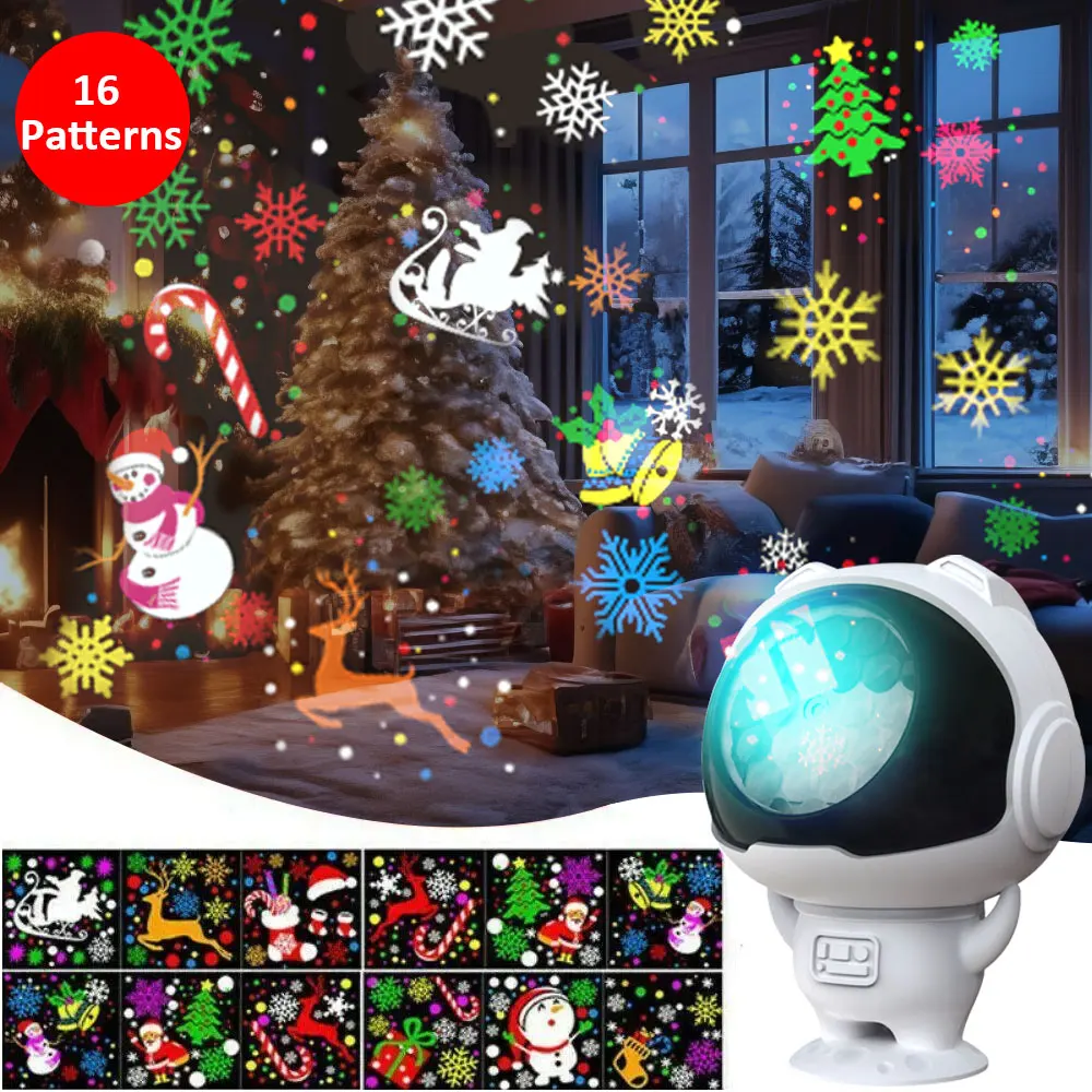 رائد الفضاء 16 عيد الميلاد نمط الضوء الأبيض ندفة الثلج العارض داخلي USB HD جو مصباح لغرفة حفلة زينة عيد الميلاد هدية