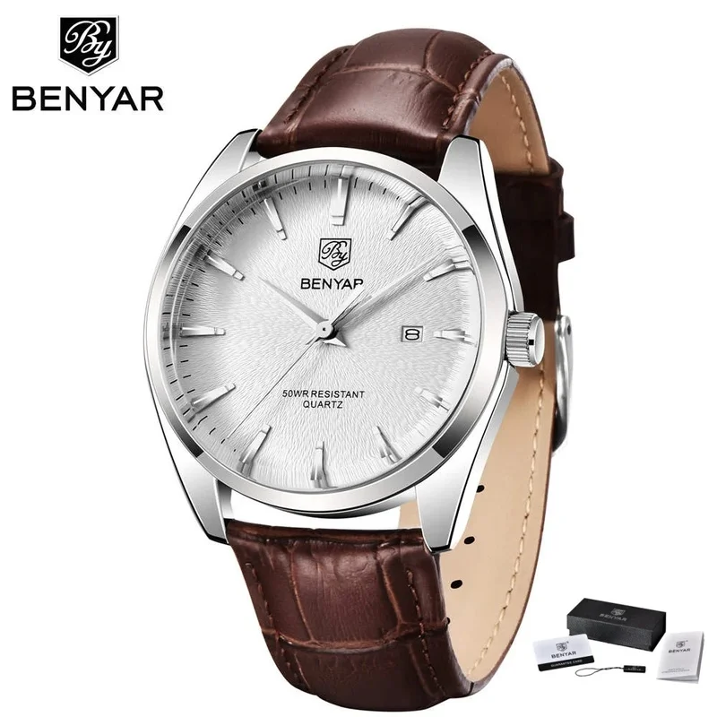 2026 Genuine Product Benyar 5163 Luxury Military Men's Quartz Watch, Leather Strap Waterproof Simple Wristwatch, Reloj Hombre