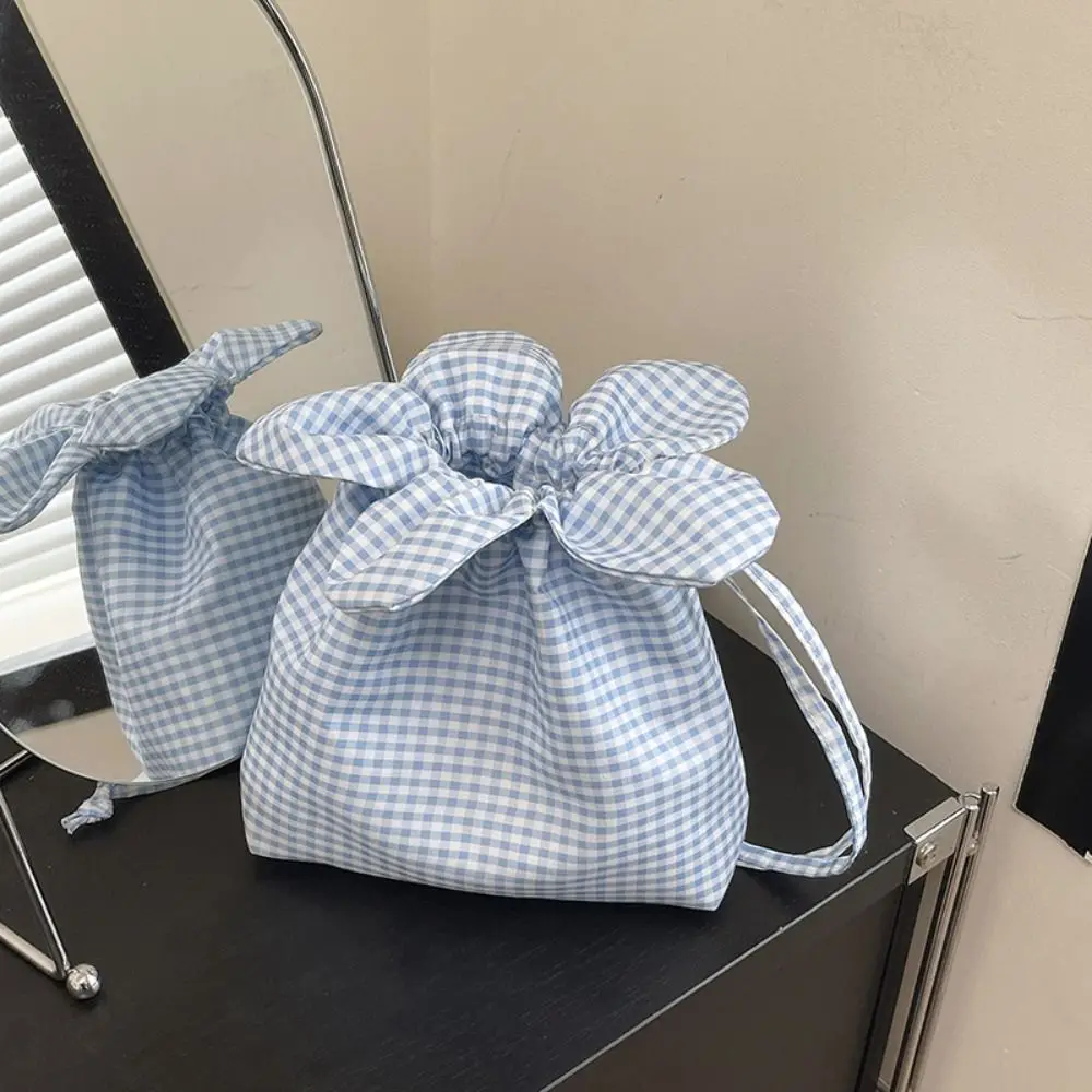 

Casual Korean Style Plaid Drawstring Bag Cute Printing Flower Handbag Portable Bundle Pocket Shoulder Bags Student