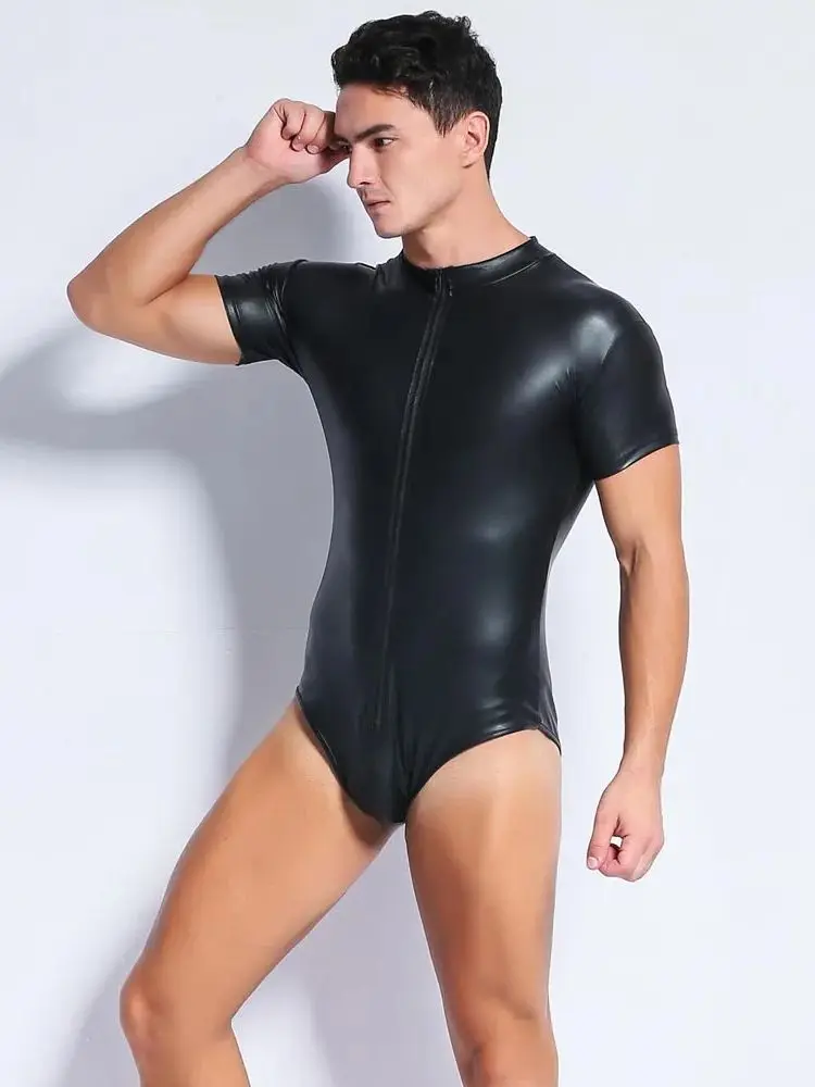 S-4XL Short Sleeve Shiny Faux PU Leather Bodysuit Men Front Zipper Tshirt Tights Hot Shapers Sexy Body Teddies Leotard Unitard