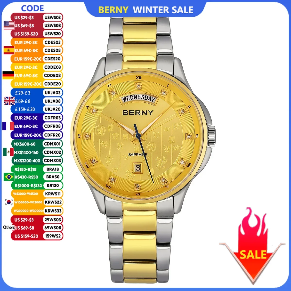 BERNY Golden Watches for Men Luminous Date Weeks Sapphire Quartz Men Watch Good Fortune and Blessings for Friend Father Gift