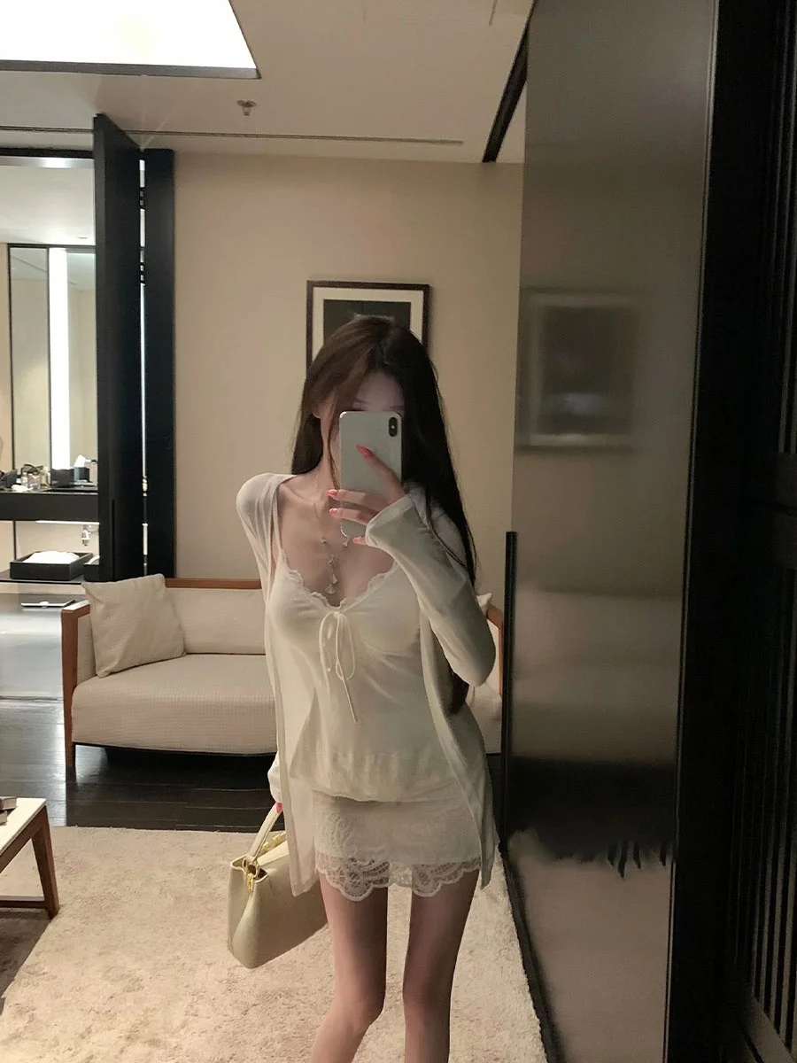 

Ele ort Sle, женский летний наряд, облегающий комплект из двух предметов с защитой от солнца, белый топ и кардиган, модный шик