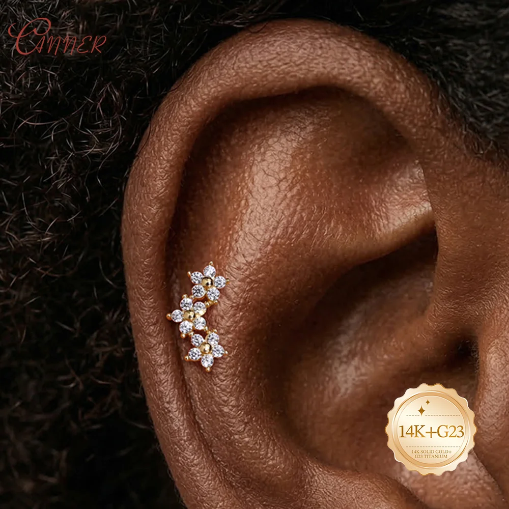 CANNER 14K Solid Gold Classic And Beautiful Flower Stacked Diamond Studded Flat Head Piercing Earrings Women Girls Daily Casual
