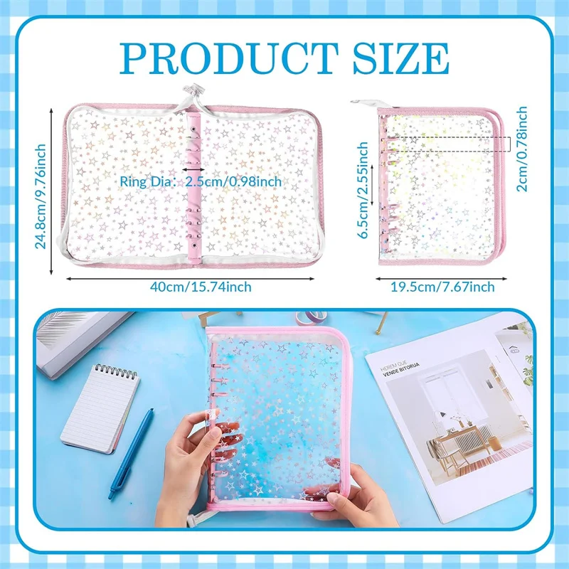 A5 Zipper Binder Cover Glitter Transparent Loose Leaf Diary-Bullet Organizer Case PVC Photo Card Holder Stationery Supplies