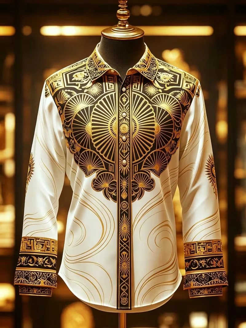 New Skeleton Daisy Composite Printed Long Sleeve Shirt with Smooth Drop and Satin Collar for Men's Festival Top