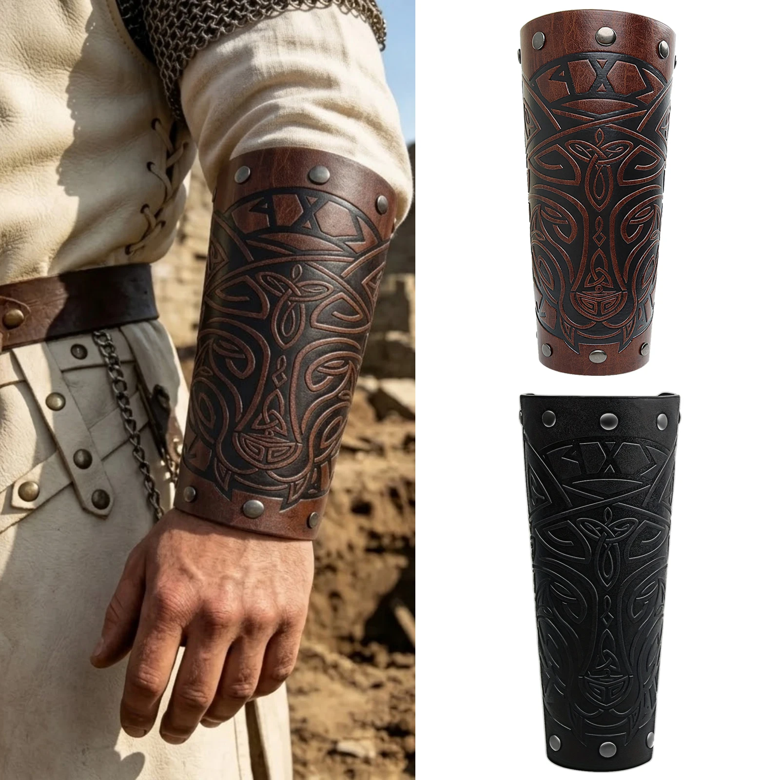 1pc Retro Viking Warrior PU Leather Wrist Guards Adjustable Lace-up Cuffs Bracers Arm Gauntlets for LARP Cosplay Party