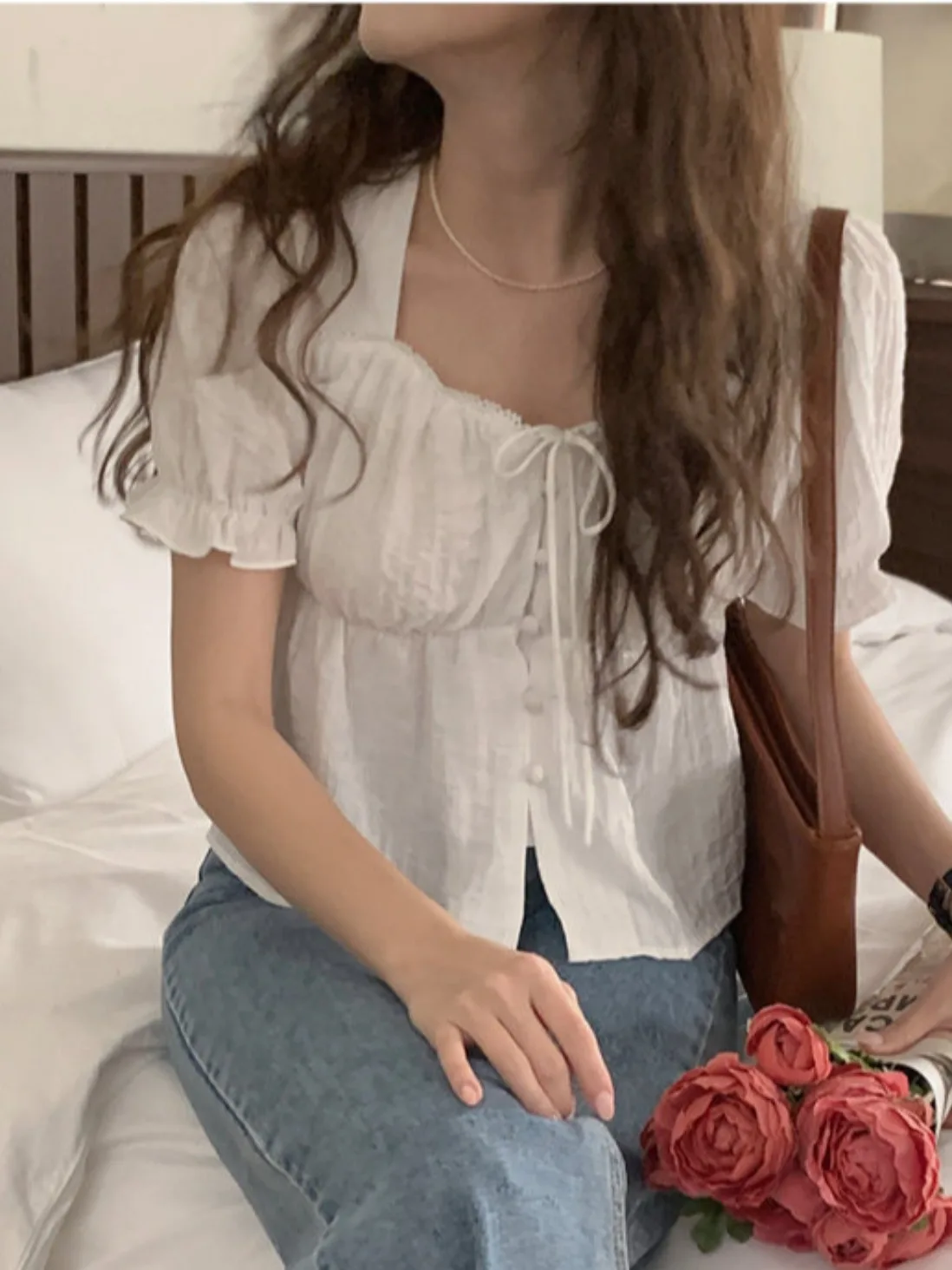 Elegante verano dulce simple diseño retro volante patchwork pajarita cuello cuadrado Bubble ort Sve irt mujer coreana Sle L...