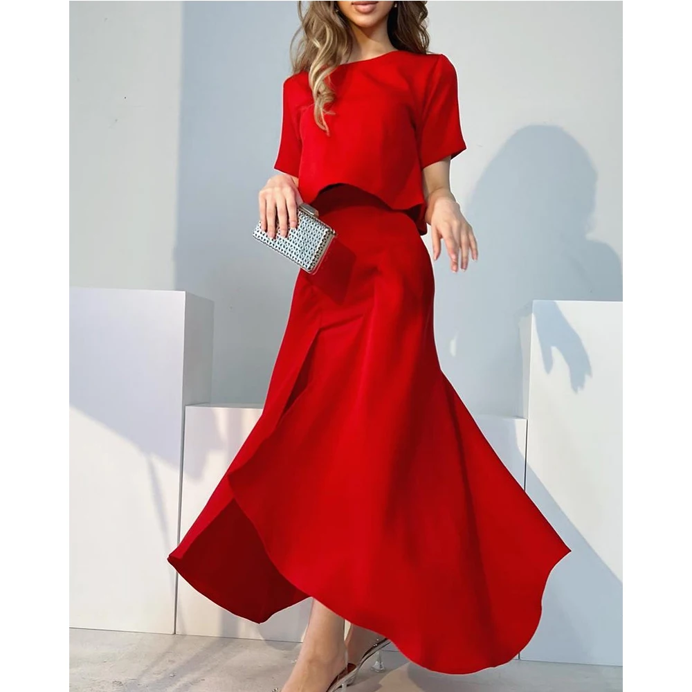 Customized Classic Red Jersey Evening Dress with Mermaid Formal Crew Neck Short Sleeves Saudi Arabia Homecoming Dresses 2025