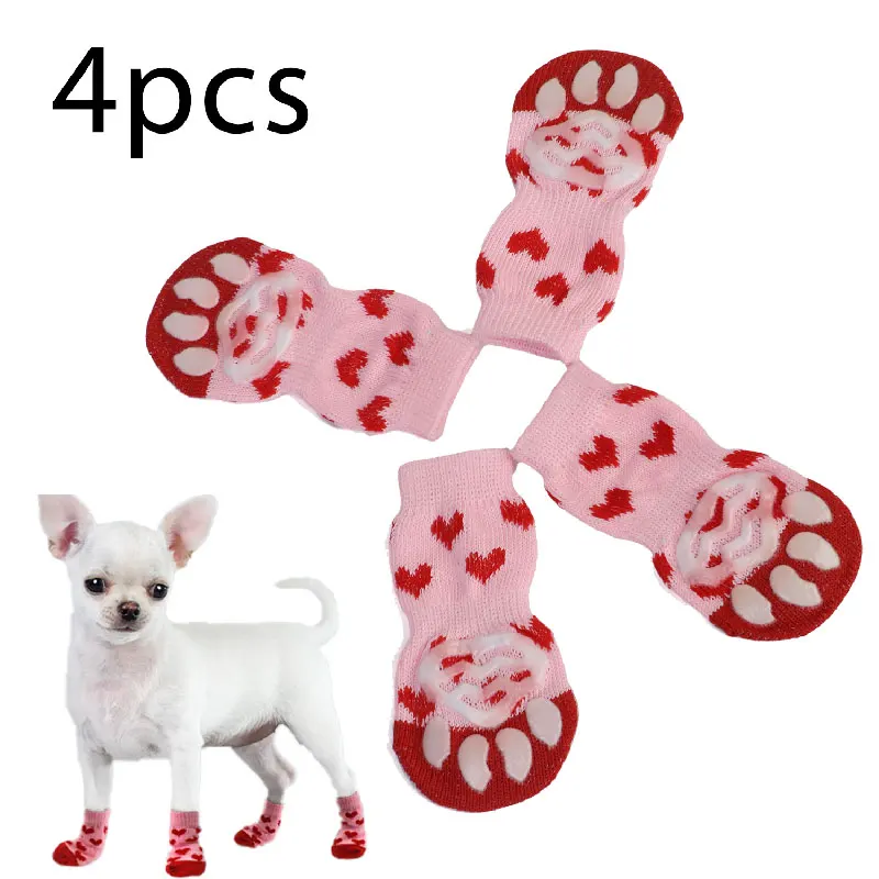 4 pares de calcetines antideslizantes con estampado para perros pequeños, gatos, cachorros, protectores de patas para razas pequeñas como Spitz, Yorkshire Terrier y Chihuahua
