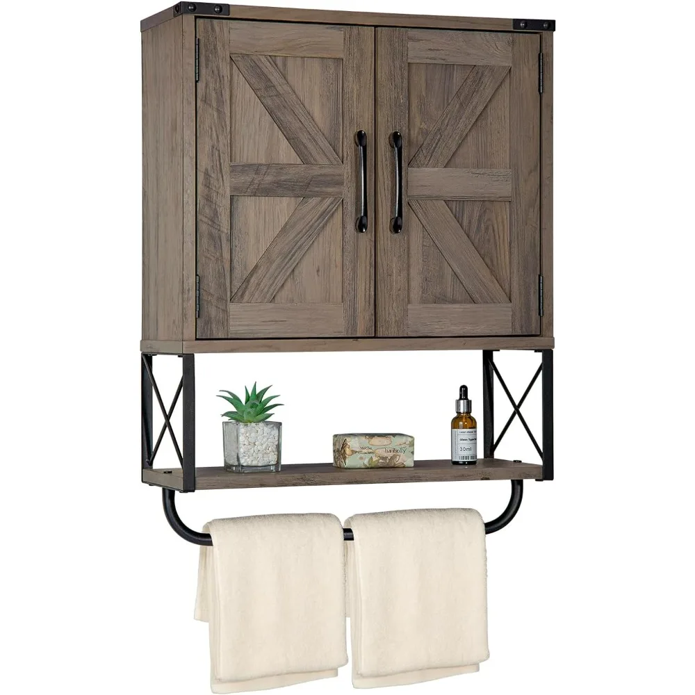 

Bathroom Cabinet with 2 Barn Door, Wood Wall Mounted Storage Cabinets with Adjustable Shelf and Towel Bar, Bathroom Cabinet