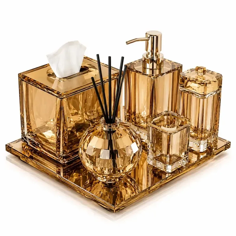Luxury 5 Piece Crystal Bathroom Accessories Set Tissue Box Soap Dispenser Aromatherapy Bottle Cotton Swab Holder Hotel Decor