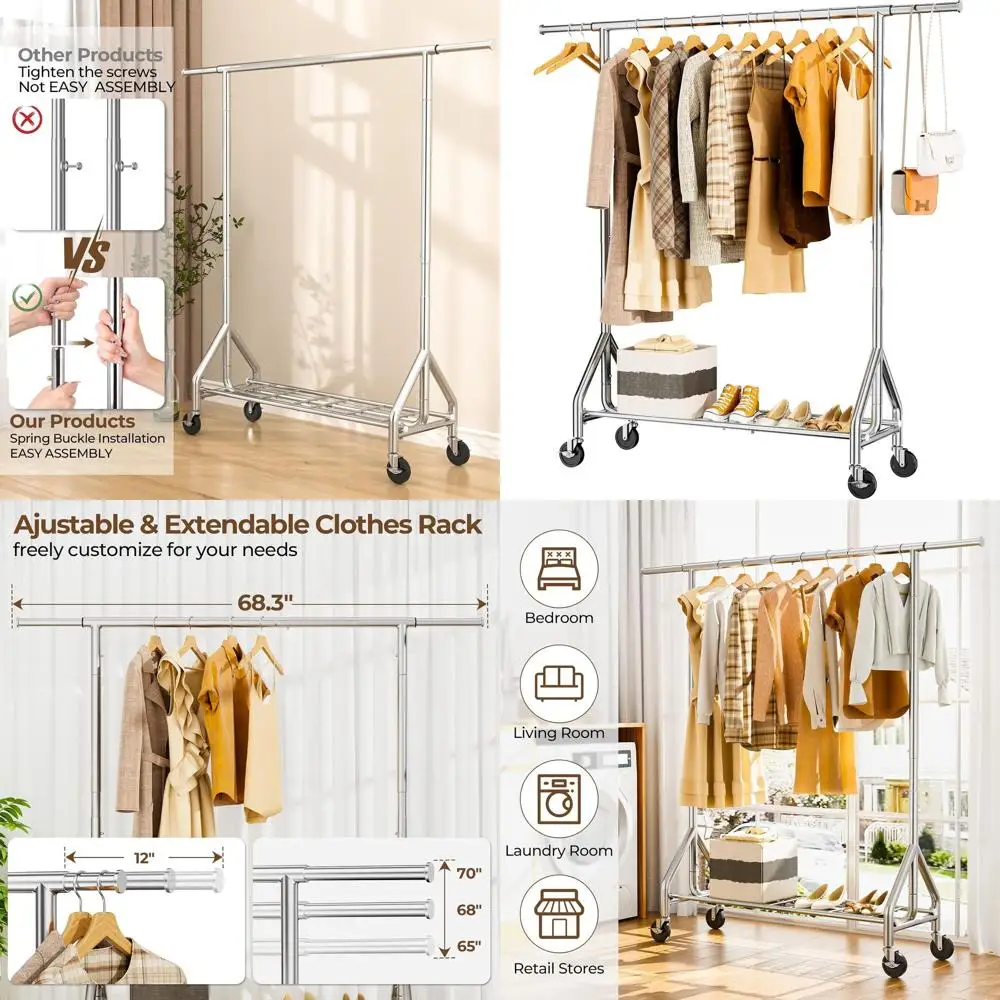 

Прочная металлическая передвижная вешалка для одежды, выдерживает 450 фунтов, с полками и колесиками, портативная гардеробная вешалка, серебристая