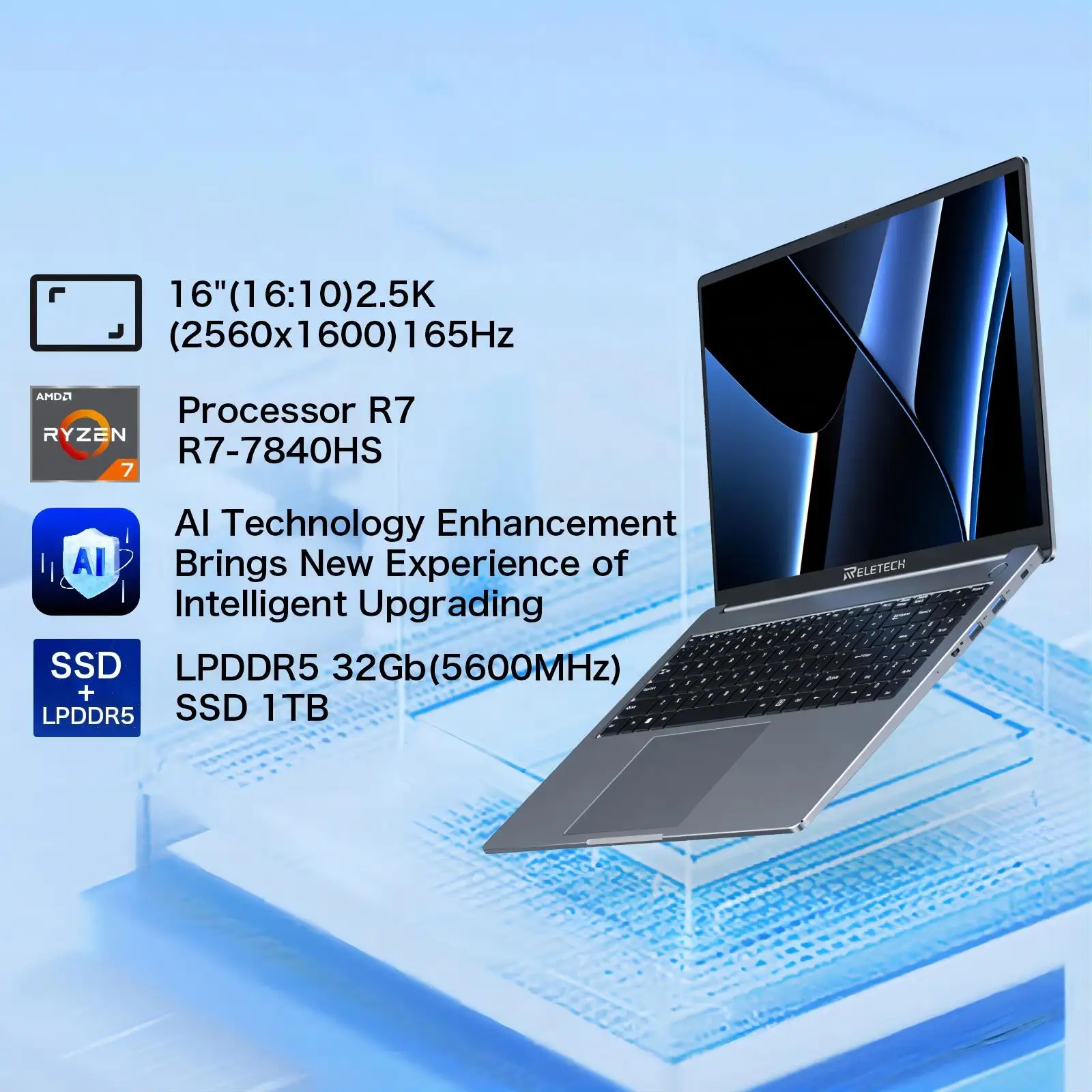 Reletech 16lnch Laptop AMD Ryzen 7 7840HS Ultrathin Notebook 32GB RAM1TB SSD 2.5K 165Hz 2560*1600 FastCharging Pc comptuers