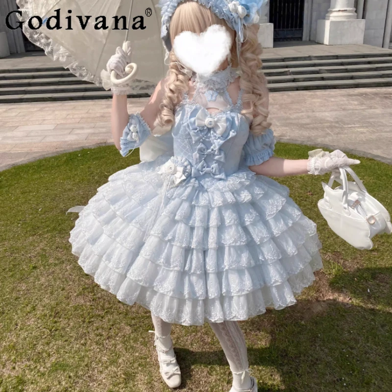

2XL Lolita New Spring Summer High Waist A-line Versatile Age Reduction Fairy Dress Sweet Bow Lace Halter Neck Princess Dresses