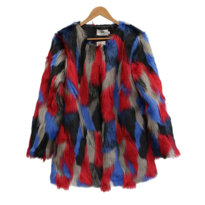 Luxury Colorful Patchwork Fluffy New Women's Fur Coat Faux Beach Wool Coat Winter Warm Fox Fur Top Design Streetwear Trendy
