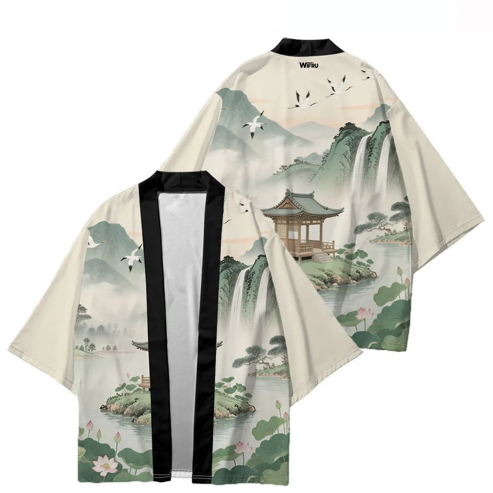 أنيقة المشهد اللوحة كيمونو سترة النمط الصيني الجديد 3D المطبوعة الرعوية كيمونو ثوب النوم الرجال Haori #2