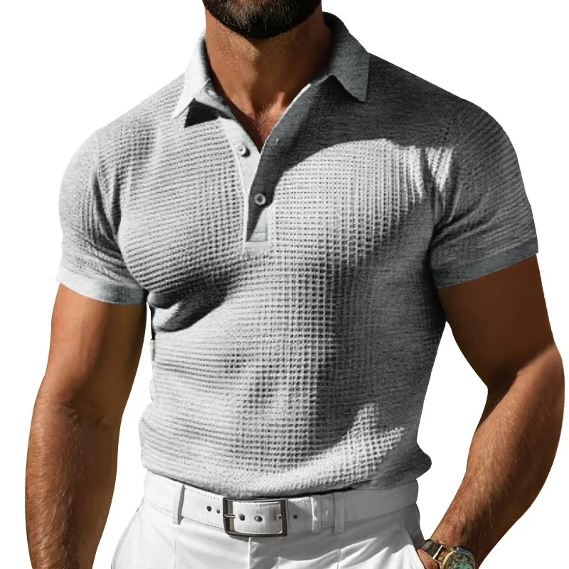 2024 Summer Amazon POLO Shirt Button Waffle Men's T-Shirt Sports Polo Shirt