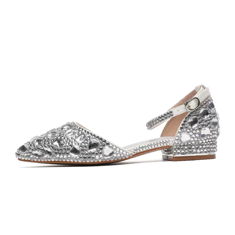 

Spring and summer pointed toe hollow low-heeled crystal wedding shoes square heel banquet dress large-size flat women's sandals