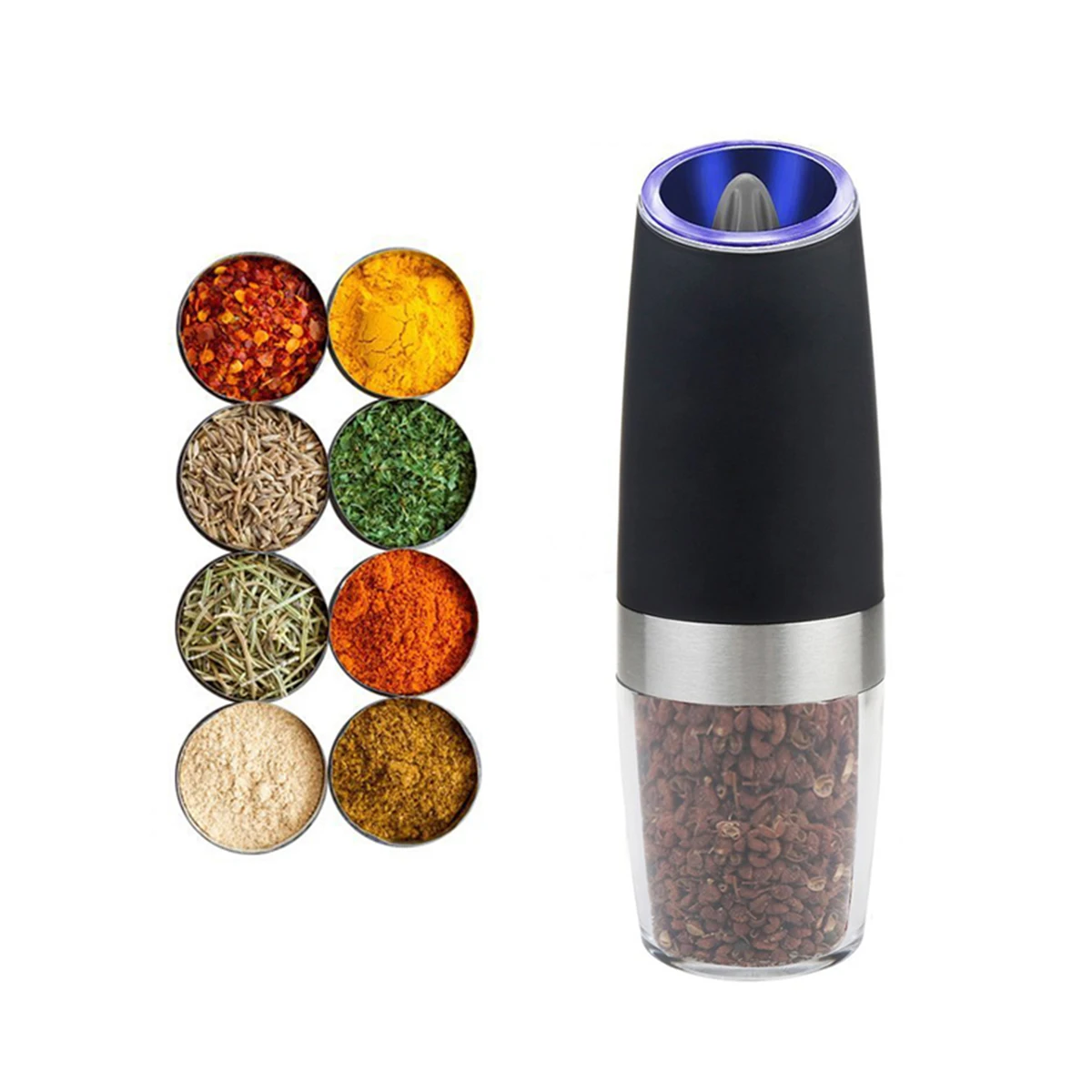 

Electric Pepper Stainless Steel Salt Grinder Clear Window Non-Slip Base Handheld Spice Grinder Kitchen Tool Pepper