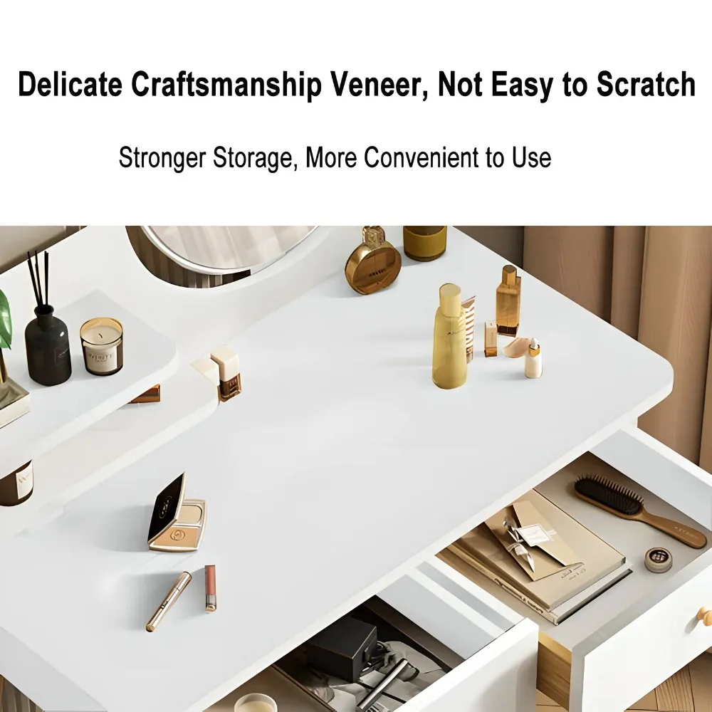 Set Meja Rias dengan Cermin, Meja Rias Rias Modern dengan 2 Laci & 2 Rak, Putih (Tanpa Bangku)