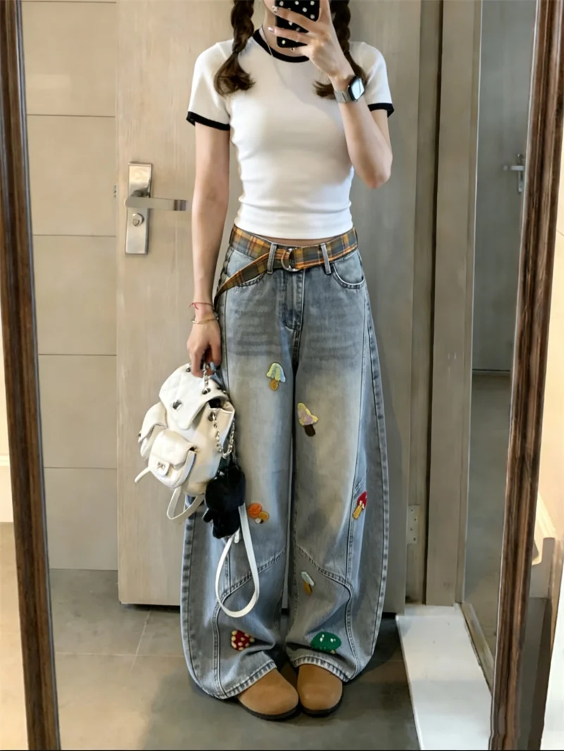 

High Waist Wide Leg Jeans Women's Spring Wear Washed Denim Straight Leg Pants Floor-Length Trousers Kumikumi Cartoon Embroidery