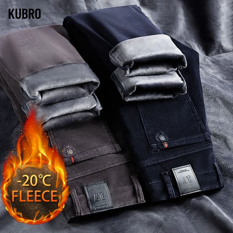 

Winter Pure Black Fleece Thick Warm Jeans Men's Slim Straight Elastic Denim Pants Casual Male Clothing Fashion Plush Trousers