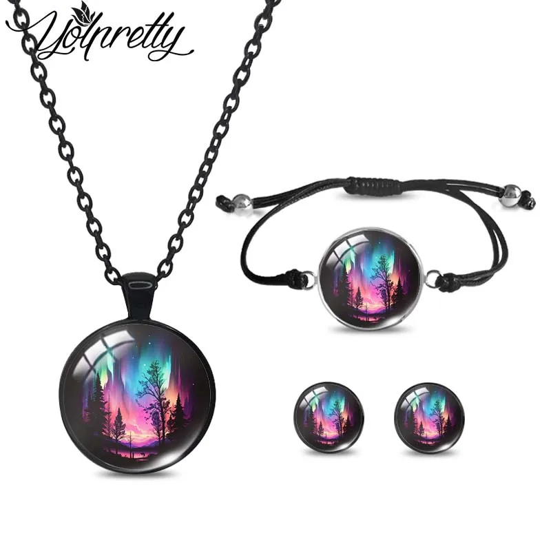 2023 New Arrival Northern Lights Aurora Black Necklace Rope Bracelet Stud Earrings Sets Glass Cabochon Jewelry Sets for Women