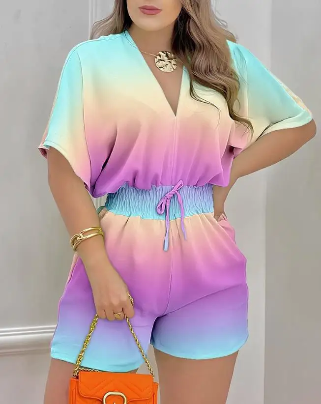 2023 Summer Woman Short Jumpsuits Elegant V-Neck Ombre Batwing Sleeve Shirred Waist Romper New Fashion 2023 Casual