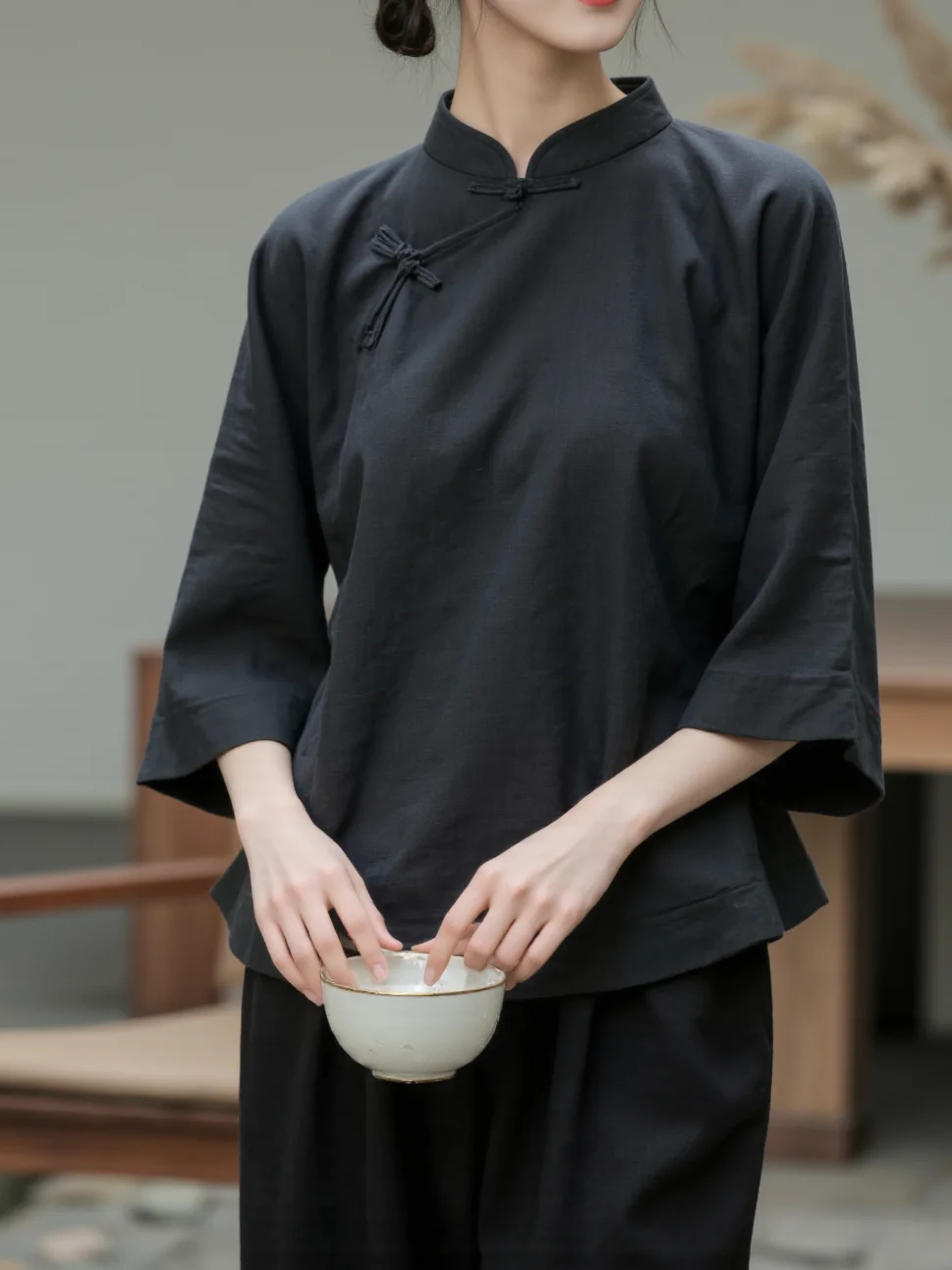 Novo chinês sle zen algodão chá traje feminino svel topo e saia conjunto tradicional qipao design com gola