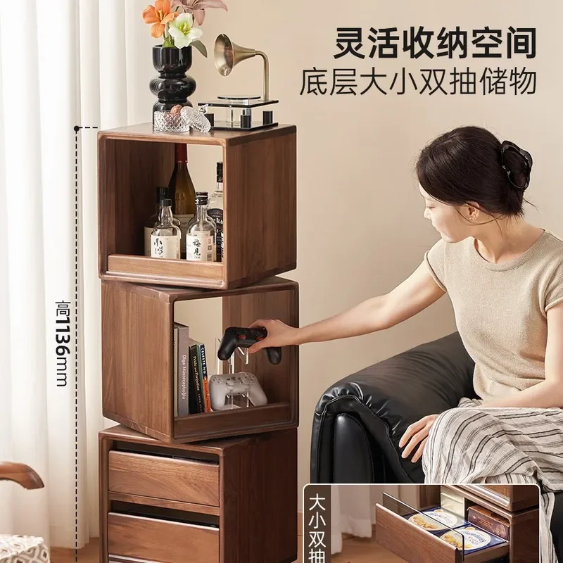 Solid Wood Black Walnut Side Cabinet Rotating Display Storage Locker for Living Room