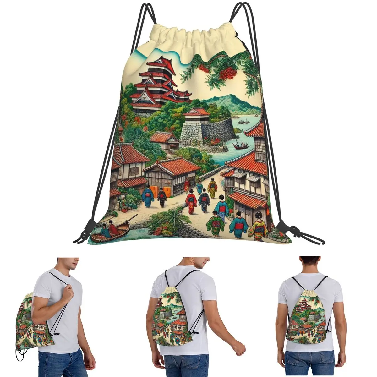 Ryukyu Kingdom Castle Town Walk Backpacks Casual Drawstring Bags Sundries Bag Book Bags for Man Woman Students