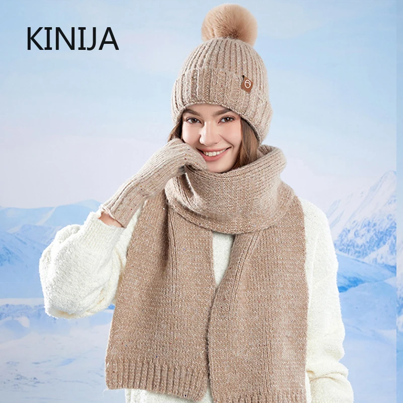 3pcs Wool Knit Neck Scarf Gloves Cap for Women Winter Thicken Warm Beanies Hat Outdoor Coldproof Cycing Skiing Skullcap
