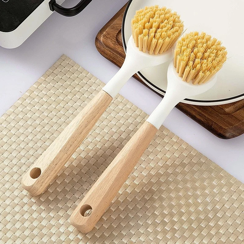 Multi functional long handled kitchen cleaning pot brush with wooden handle, non greasy pot brush, dish and bowl brush