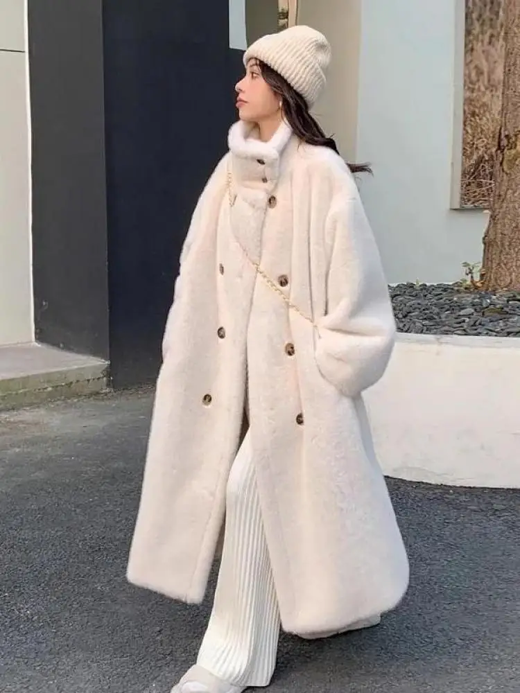 

2025 French Vintage Women's Beige Coat, Long Sleeve Thick Double Breasted Faux Mink Jacket, Winter Warm Elegant Outerwear
