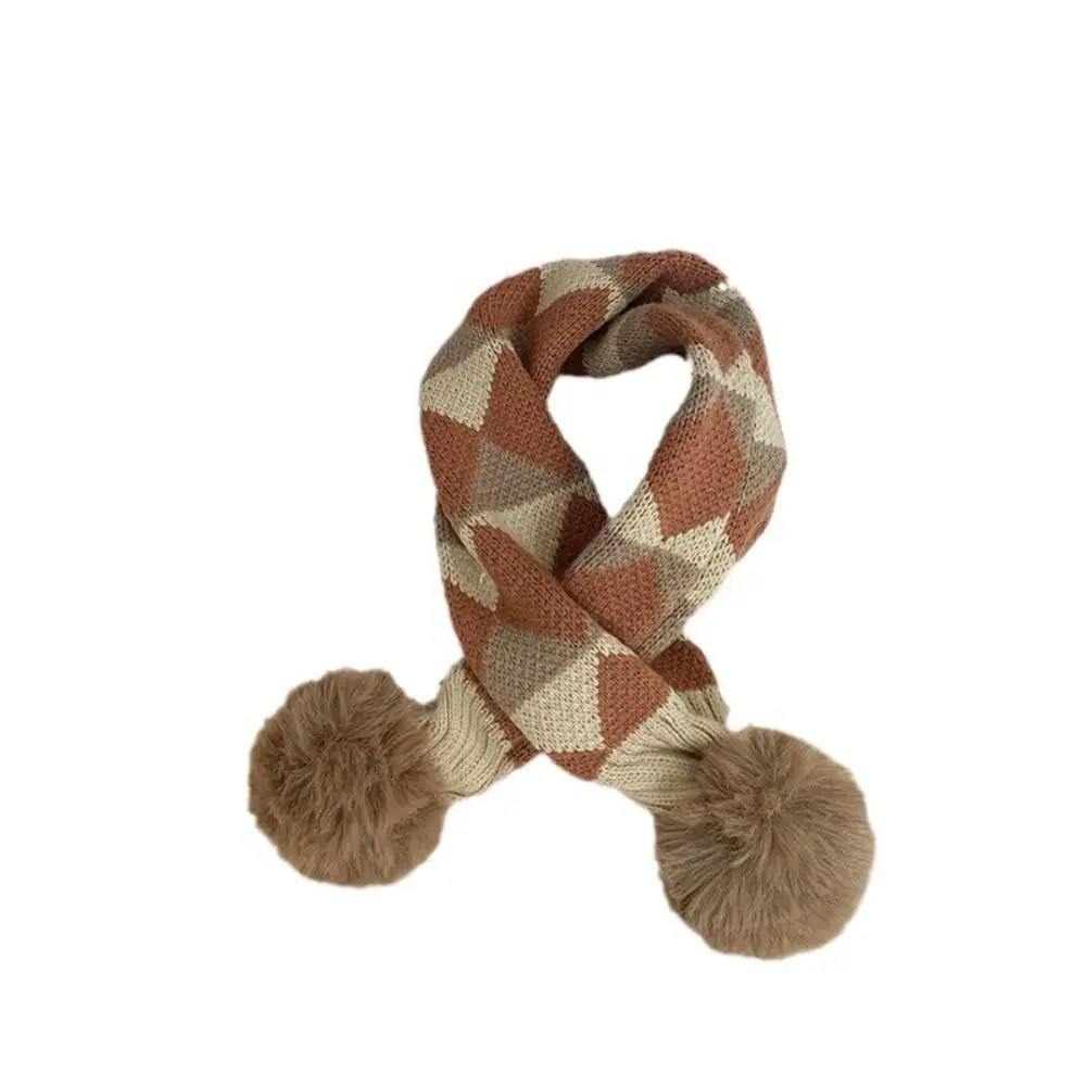 Soft Pompon Trim Plaid Knitted Scarf Warm Thicken Fabric Warm Neck Cover Patchwork Shawl Stripe Pattern