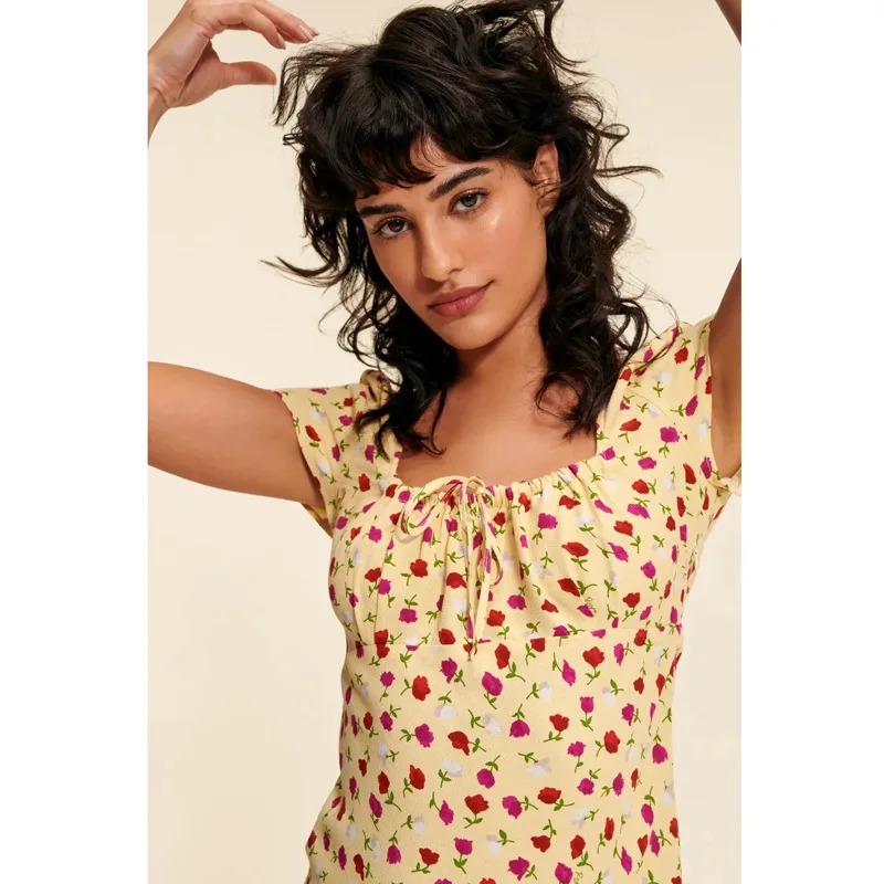 

Spot GoodsN643Spring and Summer2025Square Collar Vintage Print Short Sleeve Mid-Length Diagonal Cut Dress French Retro