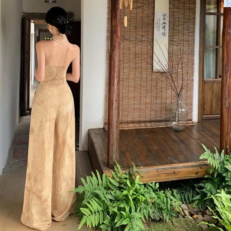 Vrouwelijke Senior Luxe Outfit Pak Zomer Tie Dye Print Halter Crop Top Brede Led Broek Set Dame Elegante Charmante Korea Trendy Sets